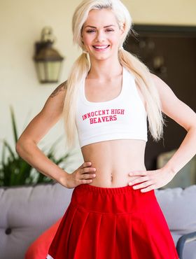Skinny cheerleader teen Elsa Jean strips and shows tight pussy and small boobs