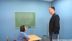 Naughty brunette student Mia Lina gives teacher a blowjob for passing grade