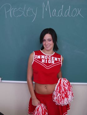 Brunette cheerleader Presley Maddox shows her natural tits at school