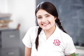 Brunette teen solo girl Adria Rae shedding schoolgirl uniform in pigtails