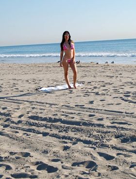 Super cute black haired Rebecca Linares sheds bikini for wild doggystyle