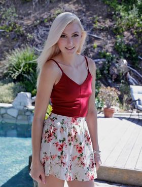 Pale blonde teen Alexa Grace flaunts tanned petite ass outdoors & spreads lips