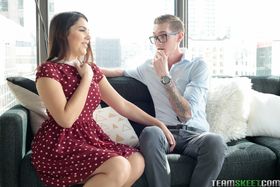 Hot busty Valentina Nappi bares big ass on nerd boy's knee in steamy seduction
