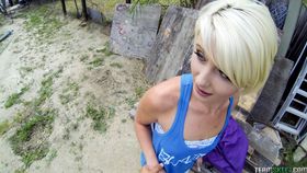 Young blonde Dani Desire skips workday to fuck for cash outdoors