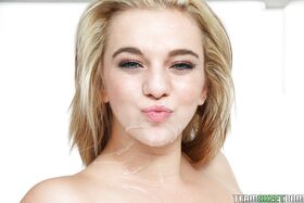 Amateur blonde teen Tiffany Watson licks cock with pierced tongue