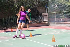 Busty American teen Kimber Lee rides her soccer coach's thick cock