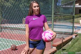 Hot soccer player Kimber Lee does some amazing tricks with a ball outside