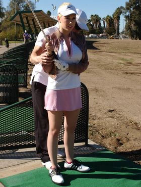 Big boobed blonde girl Kagney linn Karter fucks with her golf coach