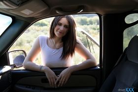Slutty hitchhiker Delilah Blue in shorty shirt sucks and fucks for a ride