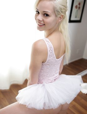 Hot blonde skinny teen Elsa Jean in ballet uniform spreading pussy close up