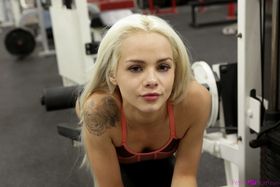 Tiny blonde girl Elsa Jean gets banged at the gym by her trainer