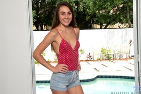 Skinny girl Mackenzie Mace removes shorts and swimsuit before dildoing alone