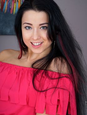 Dark haired cutie Taissia Shanti shows perky breasts spreading pussy lips wide