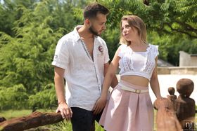 Pretty girl Vera Wonder blows her lover in a skirt outdoors before indoor sex