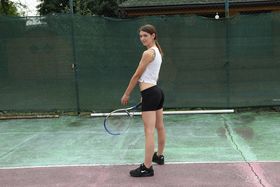 Fit amateur Tera Link slide a banana in her bald slit after playing tennis