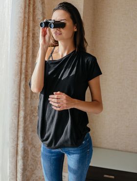 Slim teen Cristin masturbates while spying on her neighbors with binoculars