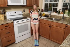 Lily Rader shows her cameltoe before fucking herself with kitchen utensils