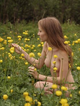 Thin white girl wanders naked while picking a crown of wildflowers