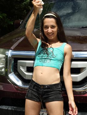 Amateur girl Freya Von Doom gets atop a vehicle and plays with her horny pussy
