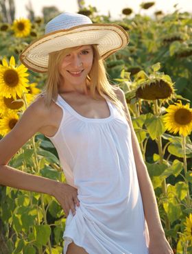 Slender blonde girl Eva K gets naked in a huge field of sunflowers