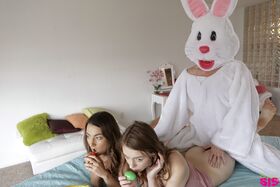 BFFs Lily Adams & Alex Blake get a morning 3some visit from a horny bunny