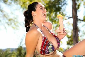 Hot busty pornstar Alison Tyler om hot bikini playing with her dildo outdoors