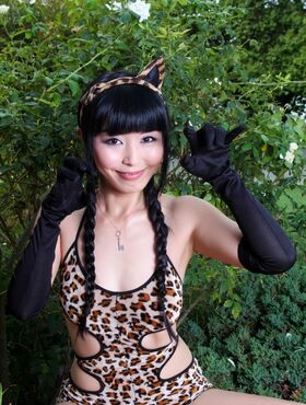 Super cute hottie Marica Hase in kitty ears & skimpy swimsuit posing outdoors