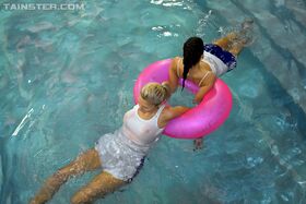 Middle-aged ladies show off their big tits via wet shirts in the swimming pool