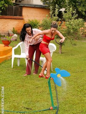 Lustful european fetish ladies have some wet clothed fun outdoor