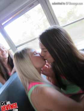 Fuckable babes with nice tits having lesbian fun in the bus