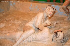 Seductive fetish gals with petite tits are into messy mud wrestling