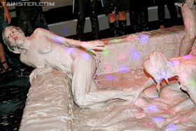 Alluring european fashionistas are into wild and messy mudwrestling