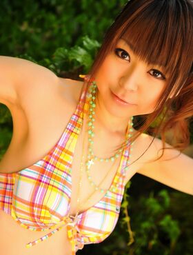 Sweet summer Asian has some fun in her plaid bikini