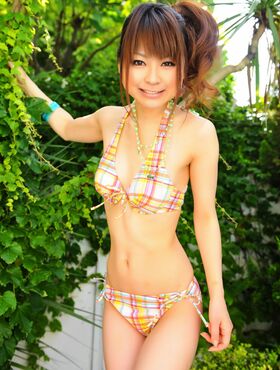 Sweet summer Asian has some fun in her plaid bikini