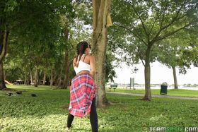 Beautiful skinny ebony babe Kendall Woods plays and flies a kite outside