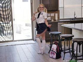 Blonde teen with pigtails Katie Kush showing her flexible body before school