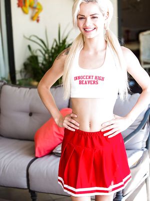 Innocent High - Blonde teen Elsa Dream hiking cheerleader uniform to flash shaved cunt
