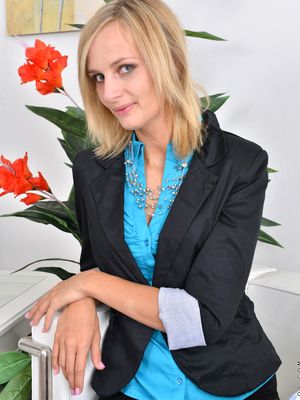 Anilos - Mature blonde secretary showing cameltoe and peeling at the office