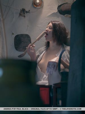 The Life Erotic - Erotic model Andrea P pours milk on her bald pussy and toys with wooden spoon